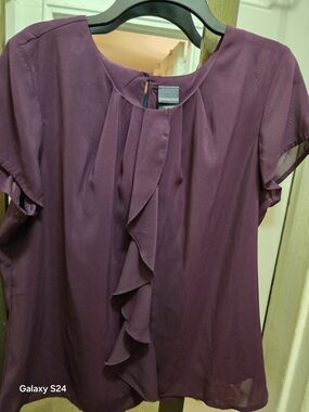Covington Plum Ruffle-Front Short Sleeve Blouse